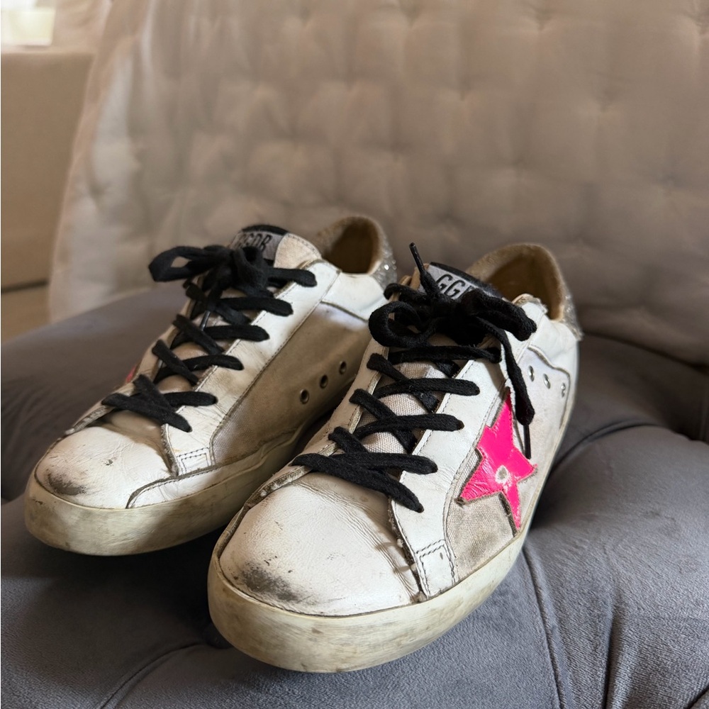 Golden Goose White Sneakers with Pink Star and Black Laces